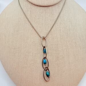 Vtg Marjorie Baer SF Y-Drop Shain Pendant Necklace Turquoise Silver Tone 17"